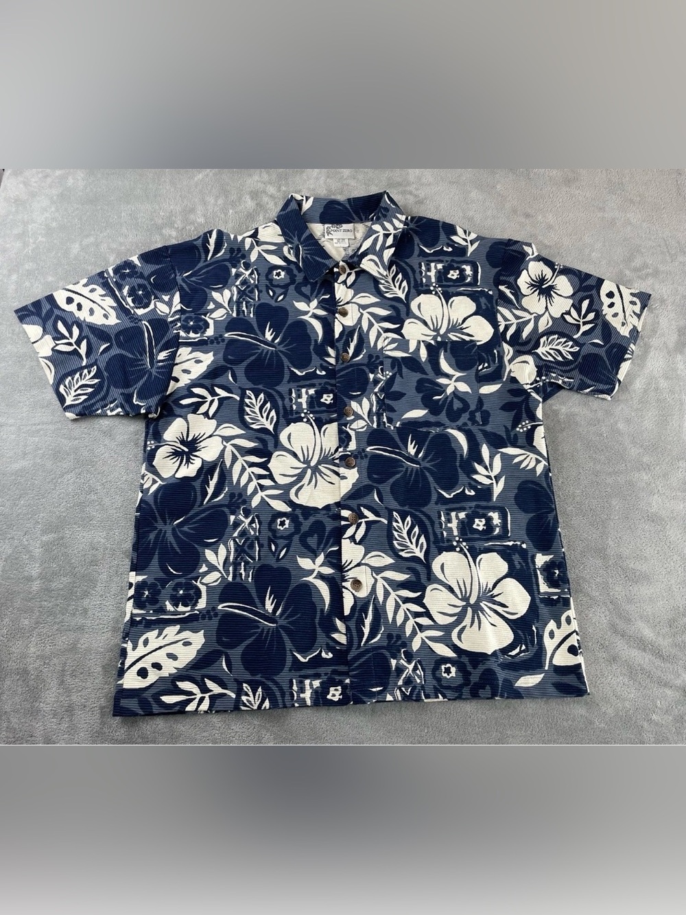 VTG Blue Aloha Point Zero Hawaiian Shirt Men’s L USA Button Short Sleeve Floral